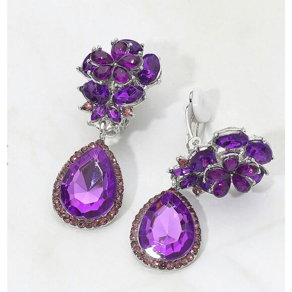 Clip on 2" silver and purple stone flower & teardrop dangle earrings - Picture 3 of 4